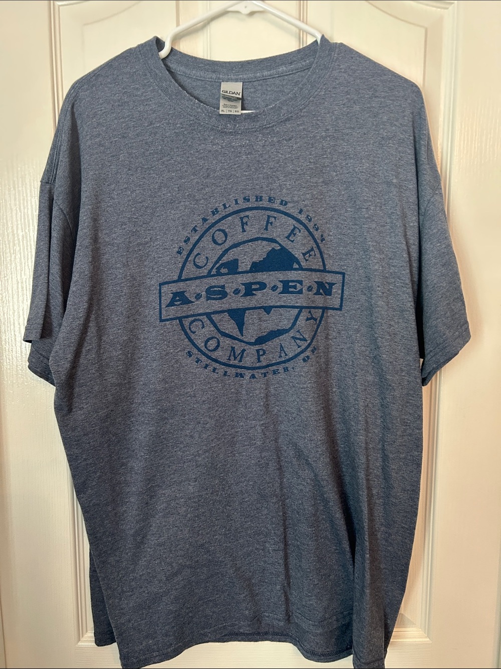 Gildan Aspen Coffee Company Heather Blue Men's T‑Shirt, Stillwater Oklahoma